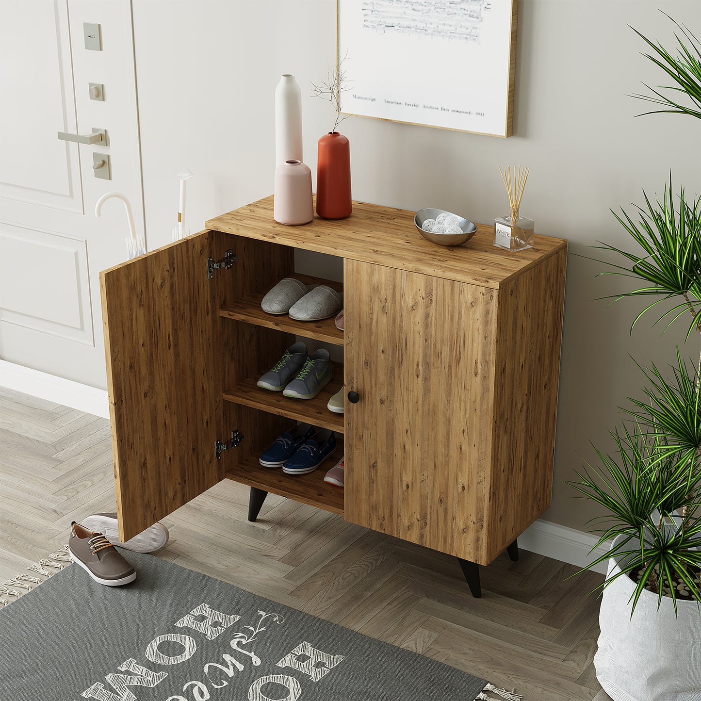 Roomart Mehrzweckschrank mit Türen und Regalen – Aufbewahrungsschrank & Schuhschrank für Flur, Wohnzimmer, Schlafzimmer oder Esszimmer – Eiche – 125x90x35 cm