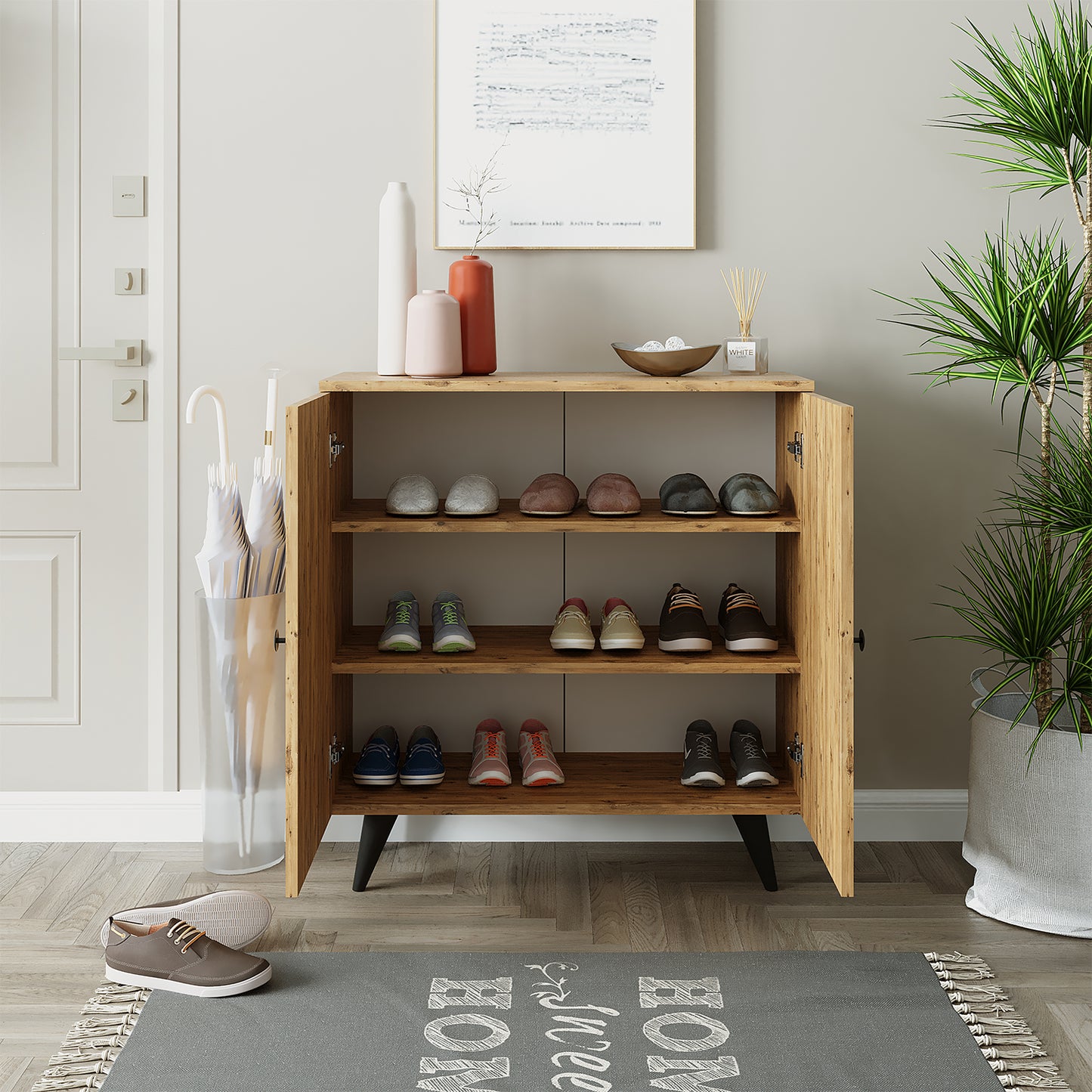 Roomart Mehrzweckschrank mit Türen und Regalen – Aufbewahrungsschrank & Schuhschrank für Flur, Wohnzimmer, Schlafzimmer oder Esszimmer – Eiche – 125x90x35 cm