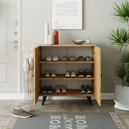 Roomart Mehrzweckschrank mit Türen und Regalen – Aufbewahrungsschrank & Schuhschrank für Flur, Wohnzimmer, Schlafzimmer oder Esszimmer – Eiche – 125x90x35 cm