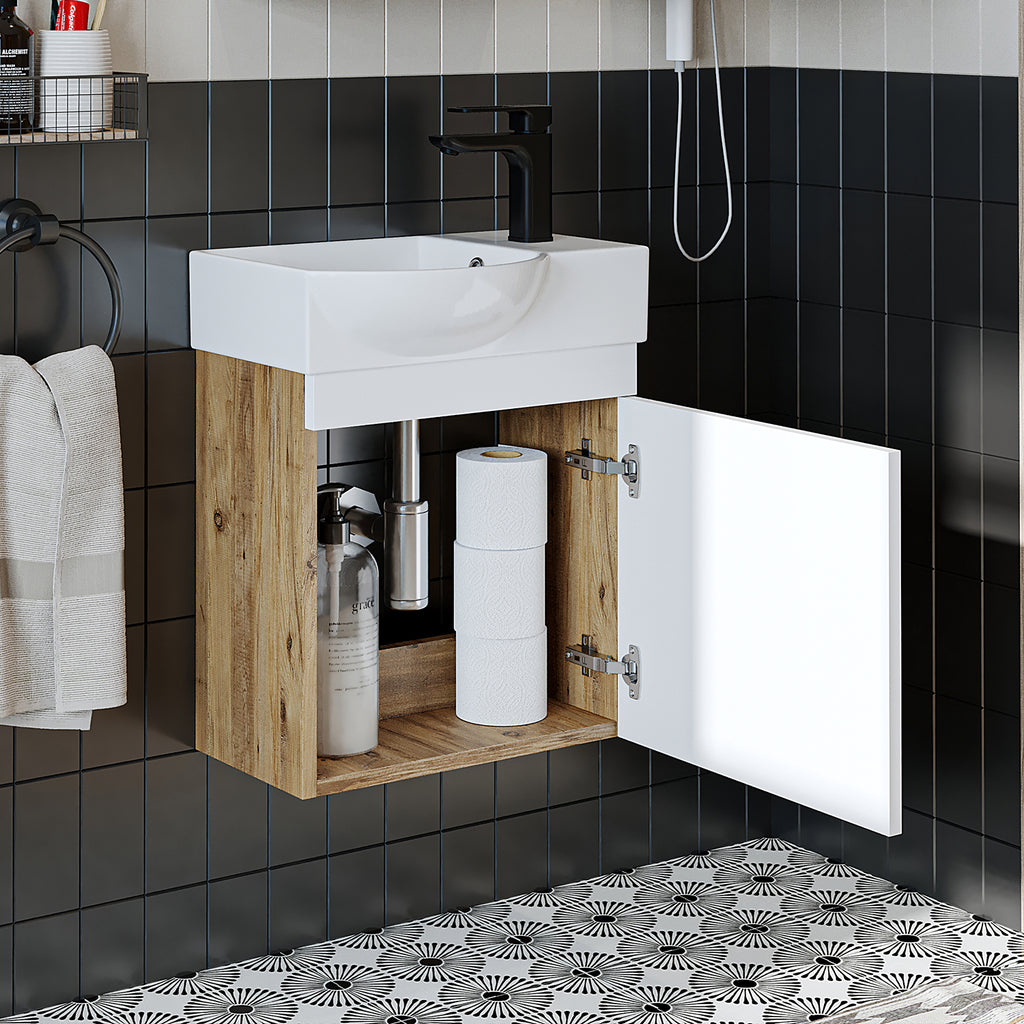 Roomart Waschtischunterschrank PUNTO mit Keramik-Waschbecken – Gäste-WC Badmöbel – Wasserhahn rechts
