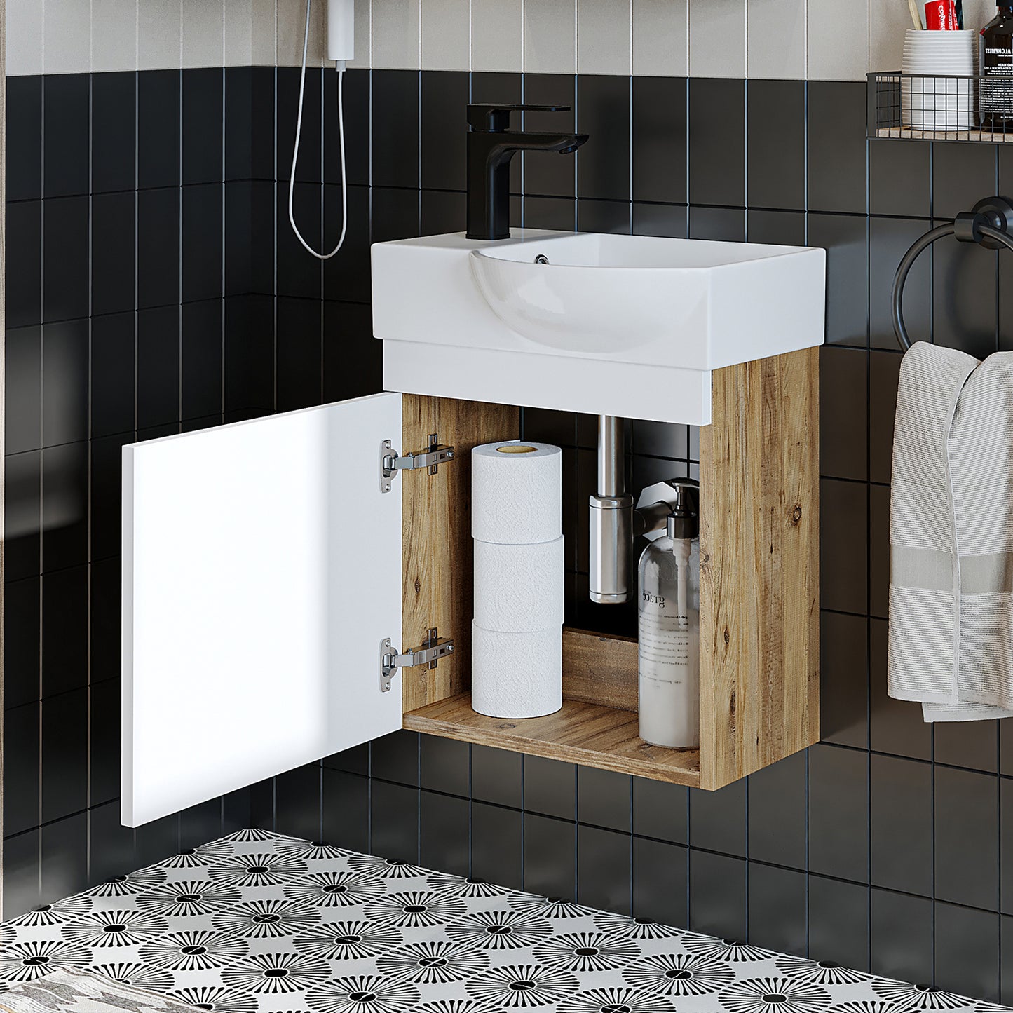 Roomart Waschtischunterschrank PUNTO mit Keramik-Waschbecken – Gäste-WC Badmöbel – Wasserhahn links
