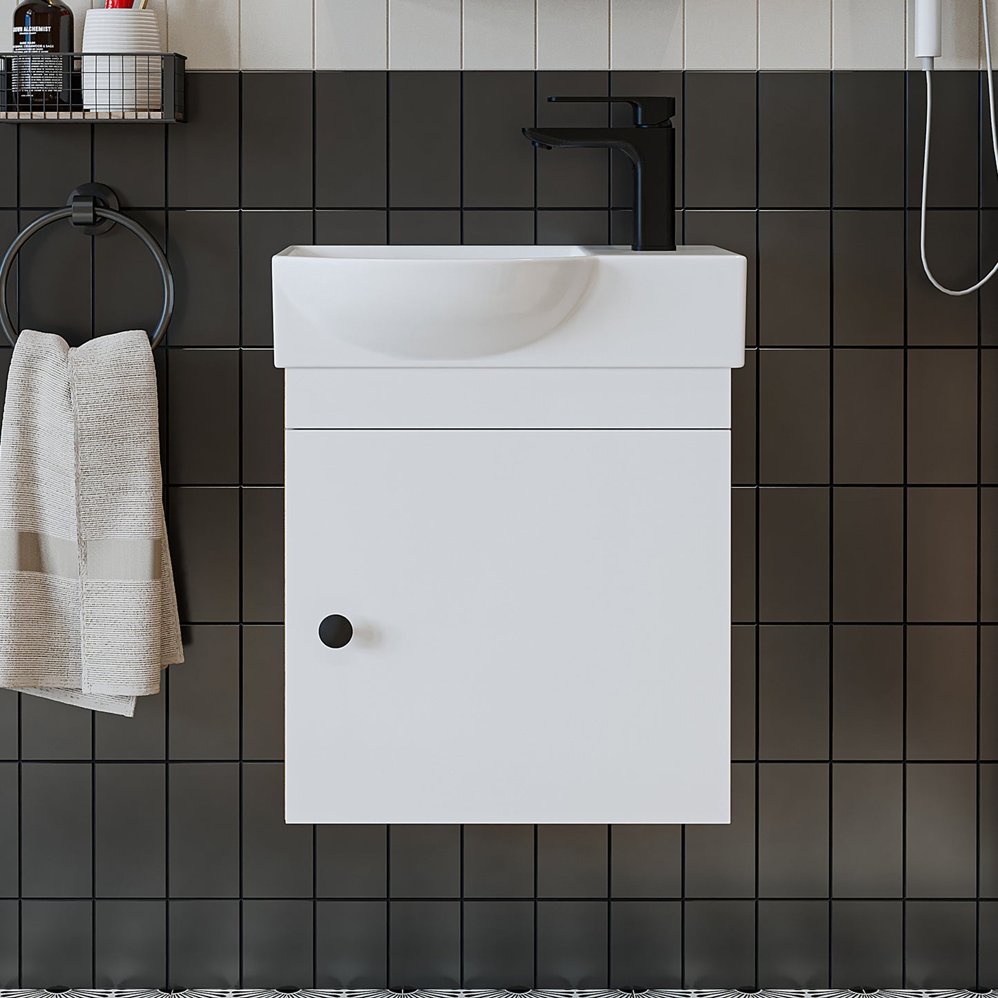 Roomart Waschtischunterschrank PUNTO mit Keramik-Waschbecken – Gäste-WC Badmöbel – Wasserhahn rechts