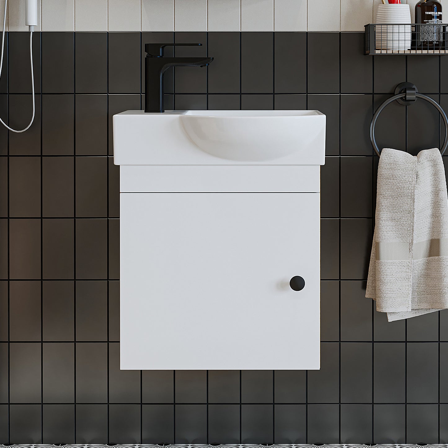 Roomart Waschtischunterschrank PUNTO mit Keramik-Waschbecken – Gäste-WC Badmöbel – Wasserhahn links