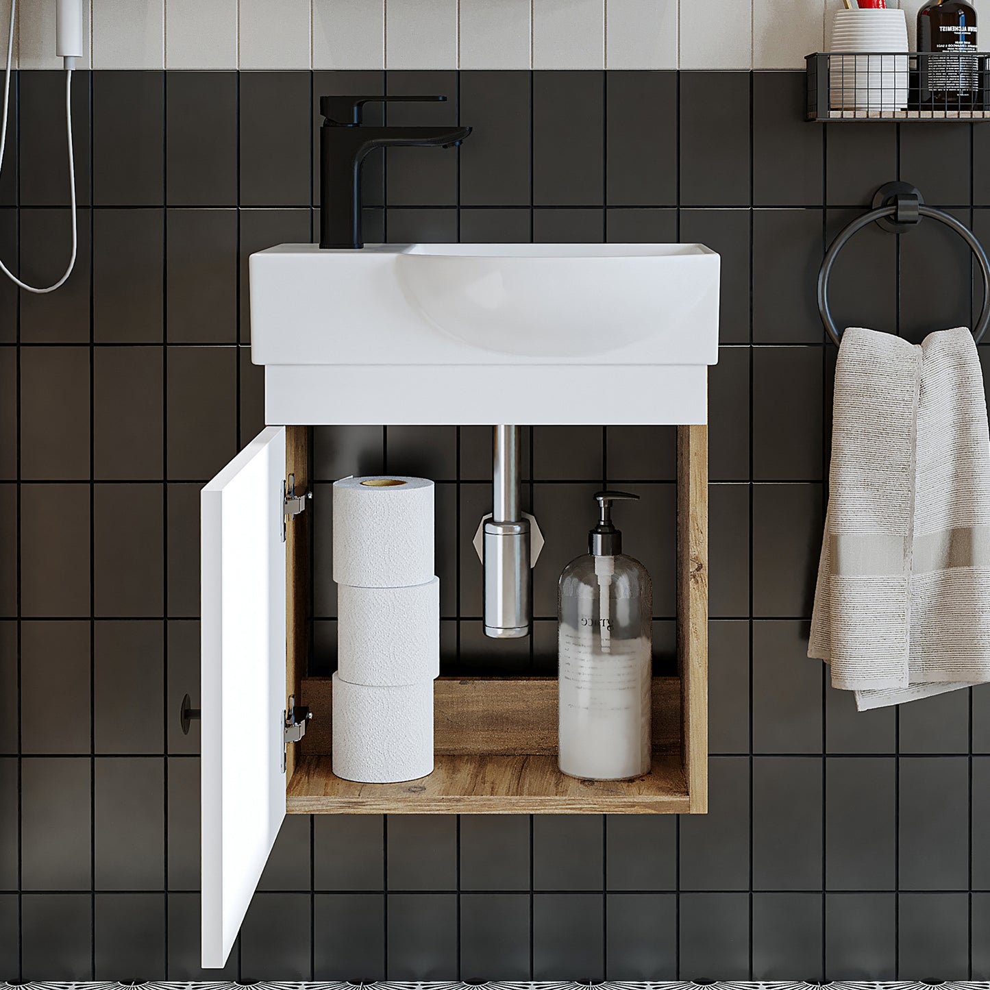 Roomart Waschtischunterschrank PUNTO mit Keramik-Waschbecken – Gäste-WC Badmöbel – Wasserhahn links