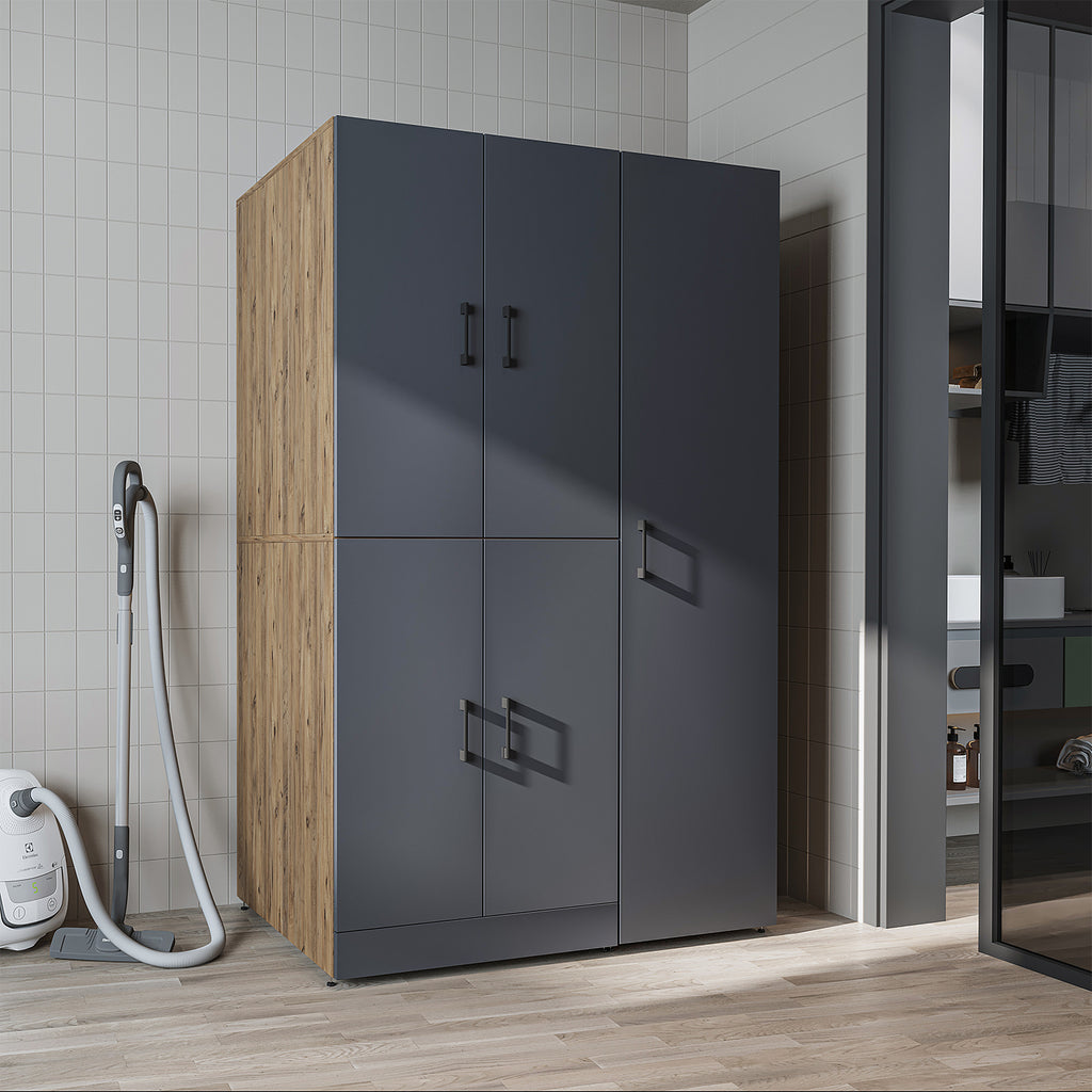 Roomart Waschmaschinenschrank „DORA 115 cm Breit“ für Waschmaschine & Trockner mit Regalböden, in 5 Farben • Weiß • Weiß Eiche • Anthrazit Eiche • Eiche • Schwarz Eiche