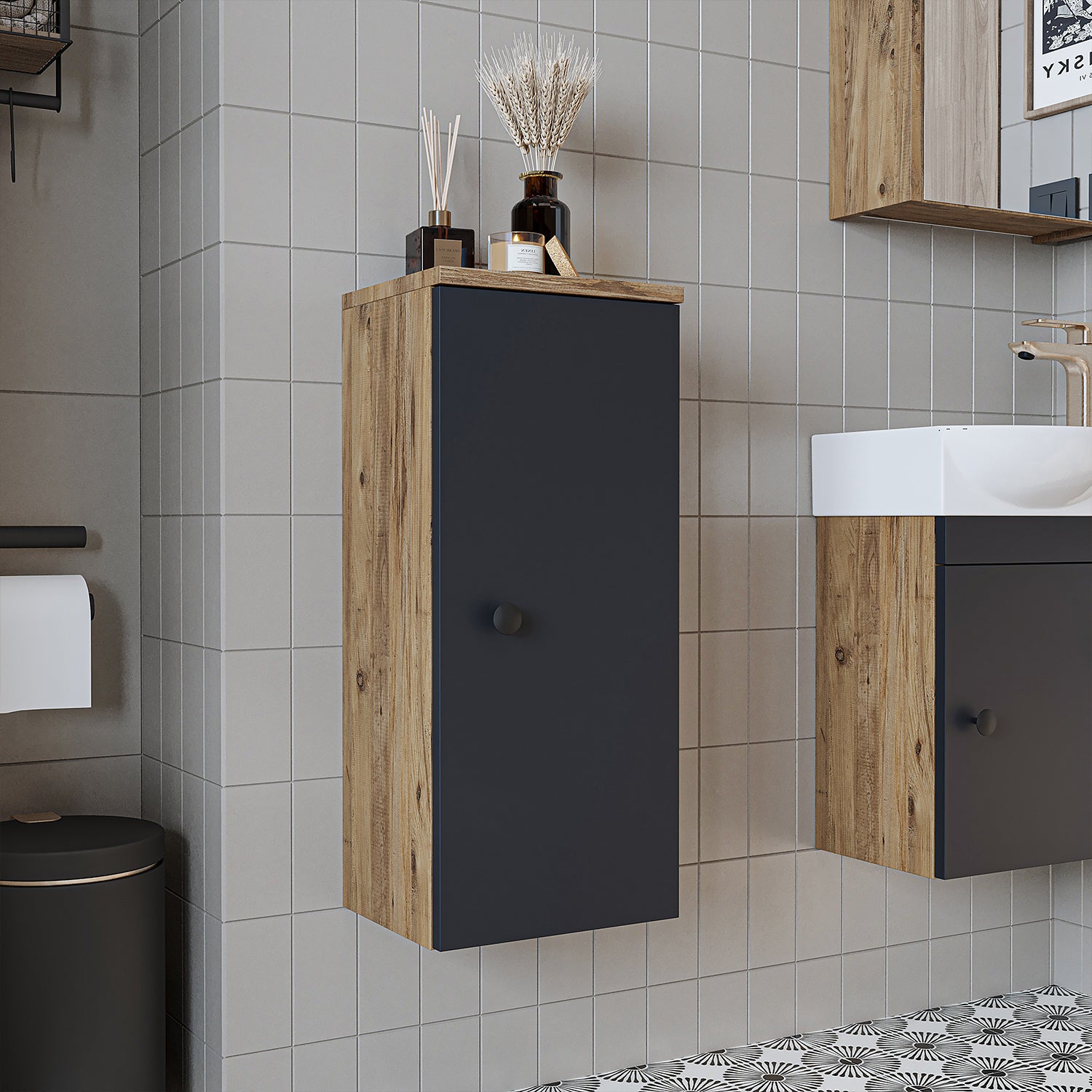 Roomart Seitenschrank „Punto“ – moderner, kompakter 70 cm Bad-Hängeschrank mit Softclose – in Weiß, Weiß-Eiche, Eiche oder Anthrazit-Eiche - Hängeschrank, wand,  hochschrank, hochschrank weiß, 60 cm breit, küche, waschküche, wohnzimmer, schmal, 40 cm brei