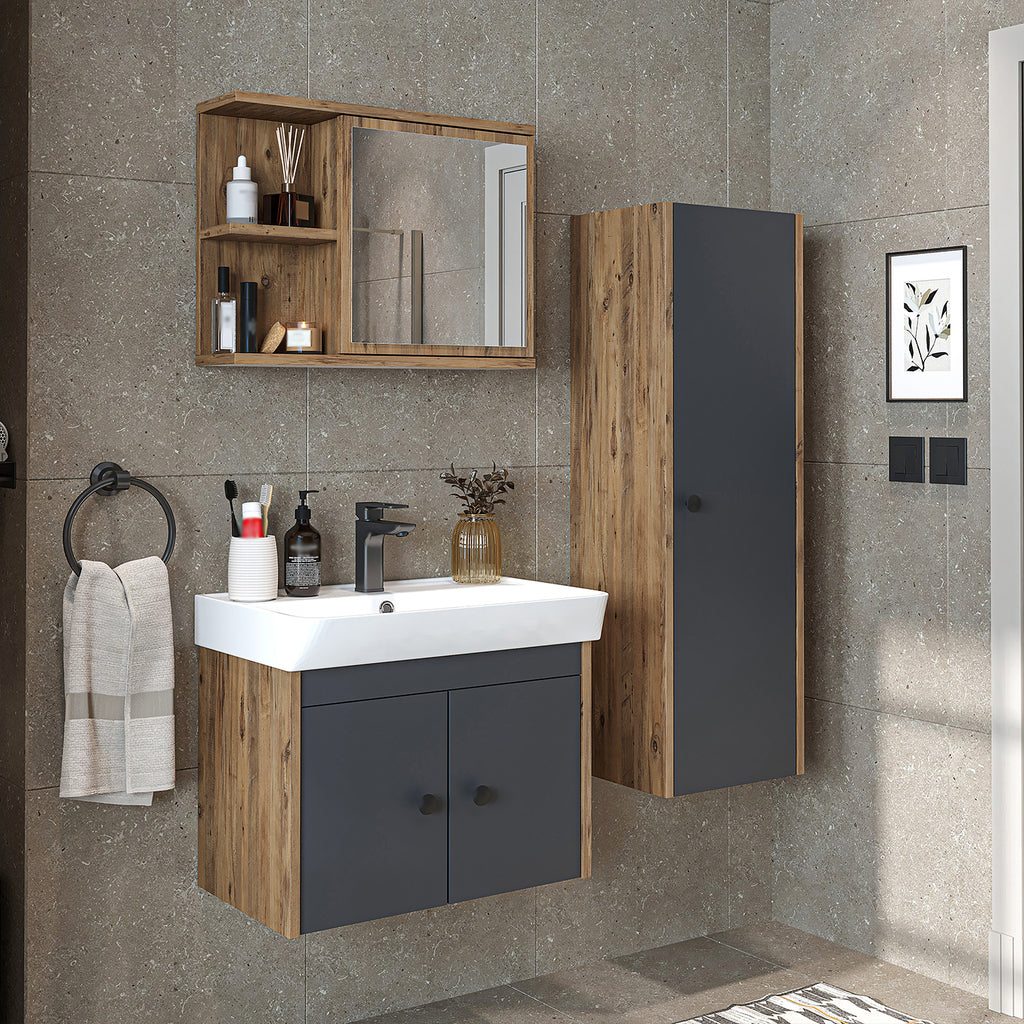 Roomart Badmöbelset ADA – 3-teiliges Badezimmermöbel Set mit Waschbecken, Unterschrank, Spiegelschrank & Seitenschrank – modernes Badmöbel