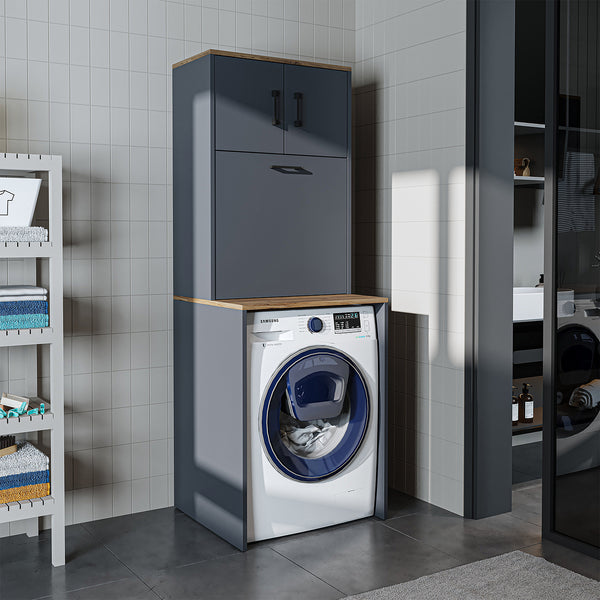 Roomart Waschmaschinenschrank LUNA – Waschmaschinen-Überbauschrank mit Wäschekorb – 65×181×65 cm – Waschküchen- & Hauswirtschaftsschrank – Weiß, Eiche, Anthrazit-Eiche