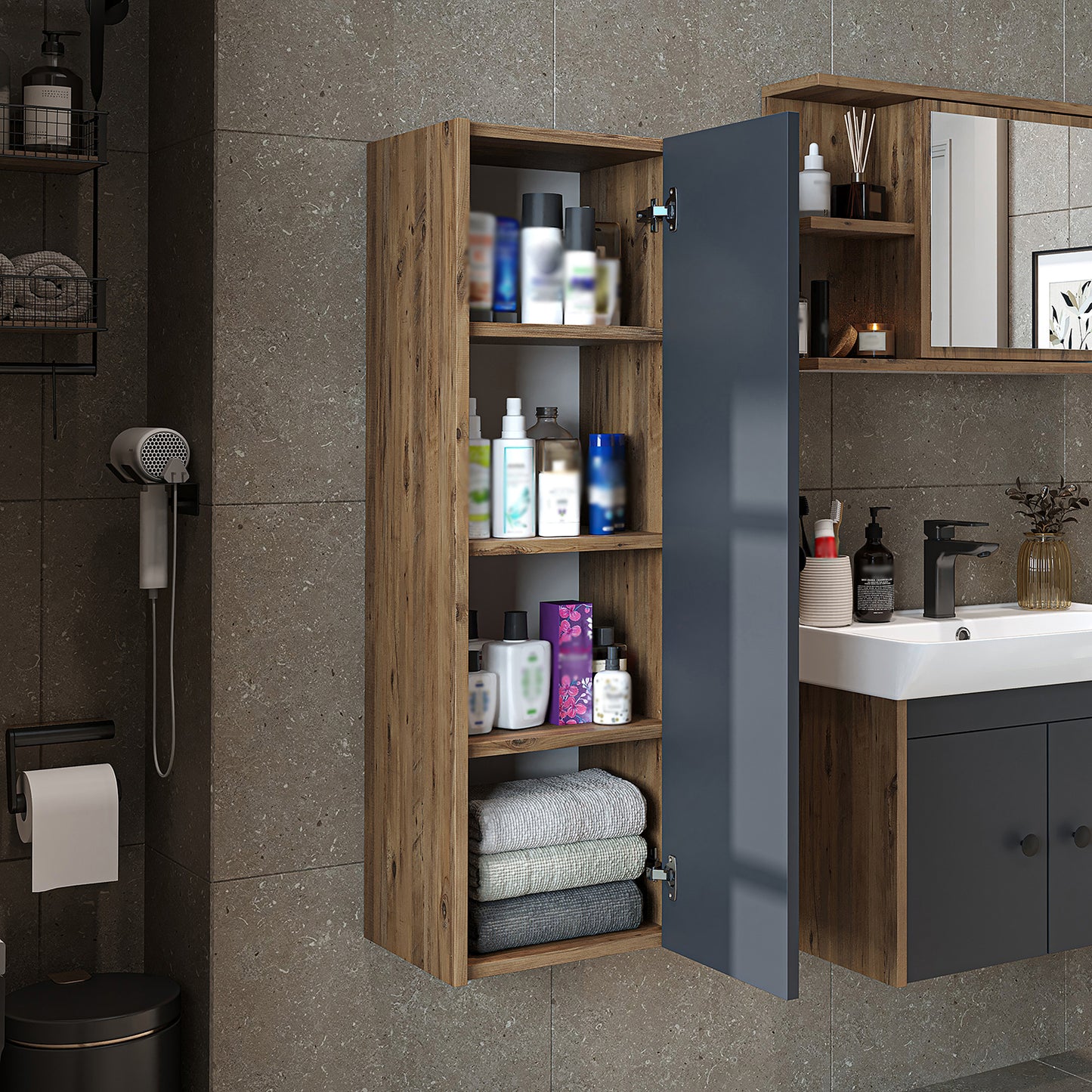 Roomart Bad-Seitenschrank ADA 110 cm – Moderner Bad-Hängeschrank mit Soft-Close – Viel Stauraum – Badezimmer Hochschrank – Weiß, Eiche, Anthrazit oder Schwarz