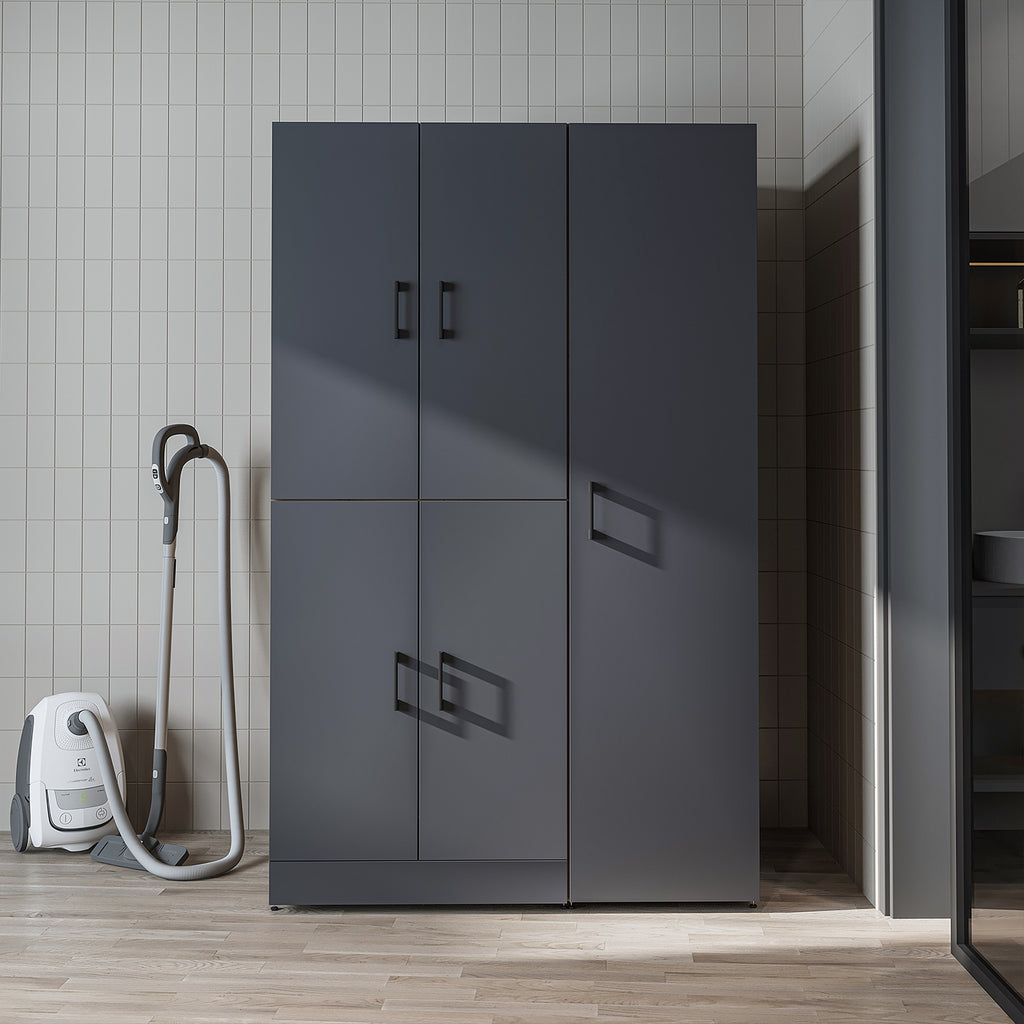 Roomart Waschmaschinenschrank „DORA 115 cm Breit“ für Waschmaschine & Trockner mit Regalböden, in 5 Farben • Weiß • Weiß Eiche • Anthrazit Eiche • Eiche • Schwarz Eiche