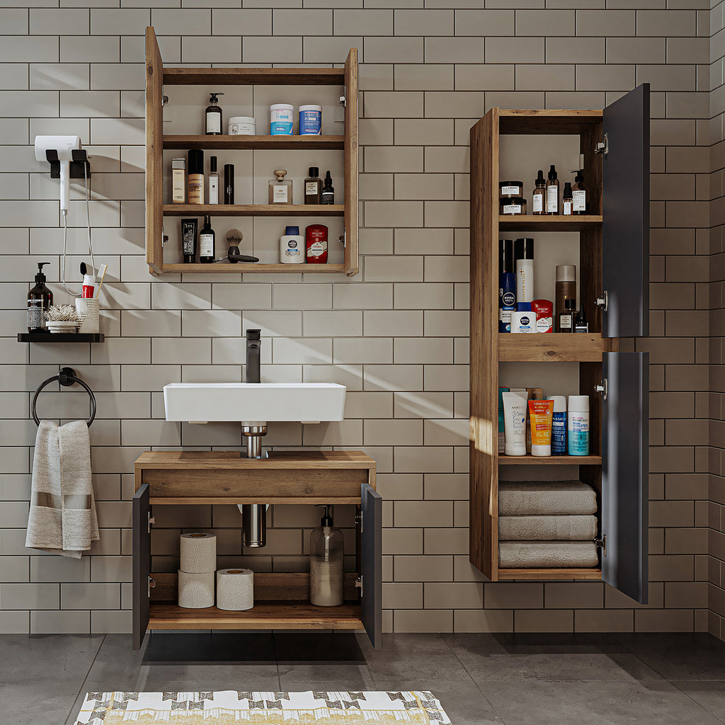 Roomart bathroom furniture set MELONA 3-piece, in 4 colors, 65cm vanity unit - mirror cabinet - tall cabinet- bathroom furniture, set, drain, washbasin, bathroom, furniture, bathroom furniture, bathroom, washbasin vanity unit, cm, wide, modern, washbasin, deep, with, vanity unit