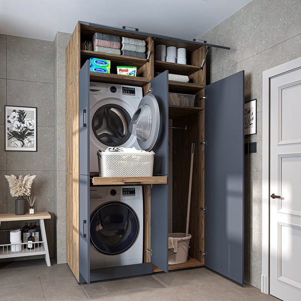 Roomart Waschmaschinenschrank- DORA-I- 130 cm breit – Waschmaschinen- & Trockner-Überbau mit Türen und Ausziehplatte, Bad & Waschküche, 5 Farben