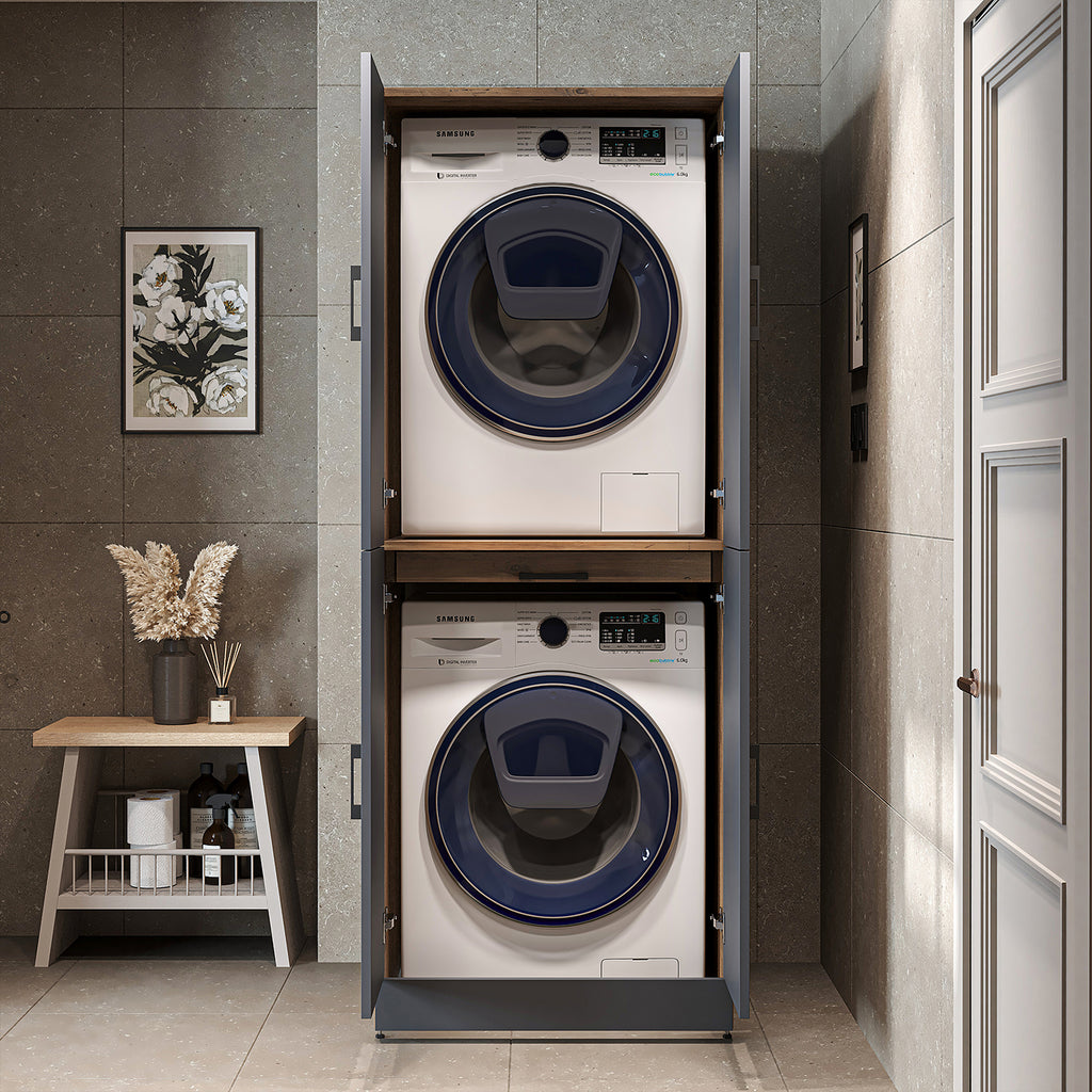 Roomart washing machine cabinet " DORA " for dryer & washing machine, in 4 colors, with doors & pull-out shelf - white - white oak - anthracite oak - oak - washing machine cabinet, washing machine shelf, washing tower, cabinet, white, washing machines, base cabinet, 