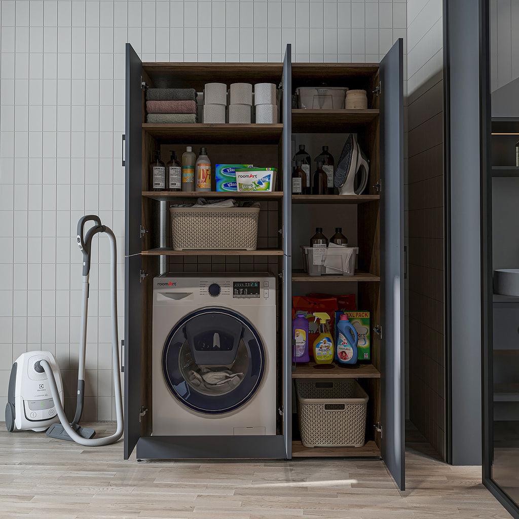 Roomart Waschmaschinenschrank „DORA 115 cm Breit“ für Waschmaschine & Trockner mit Regalböden, in 5 Farben • Weiß • Weiß Eiche • Anthrazit Eiche • Eiche • Schwarz Eiche