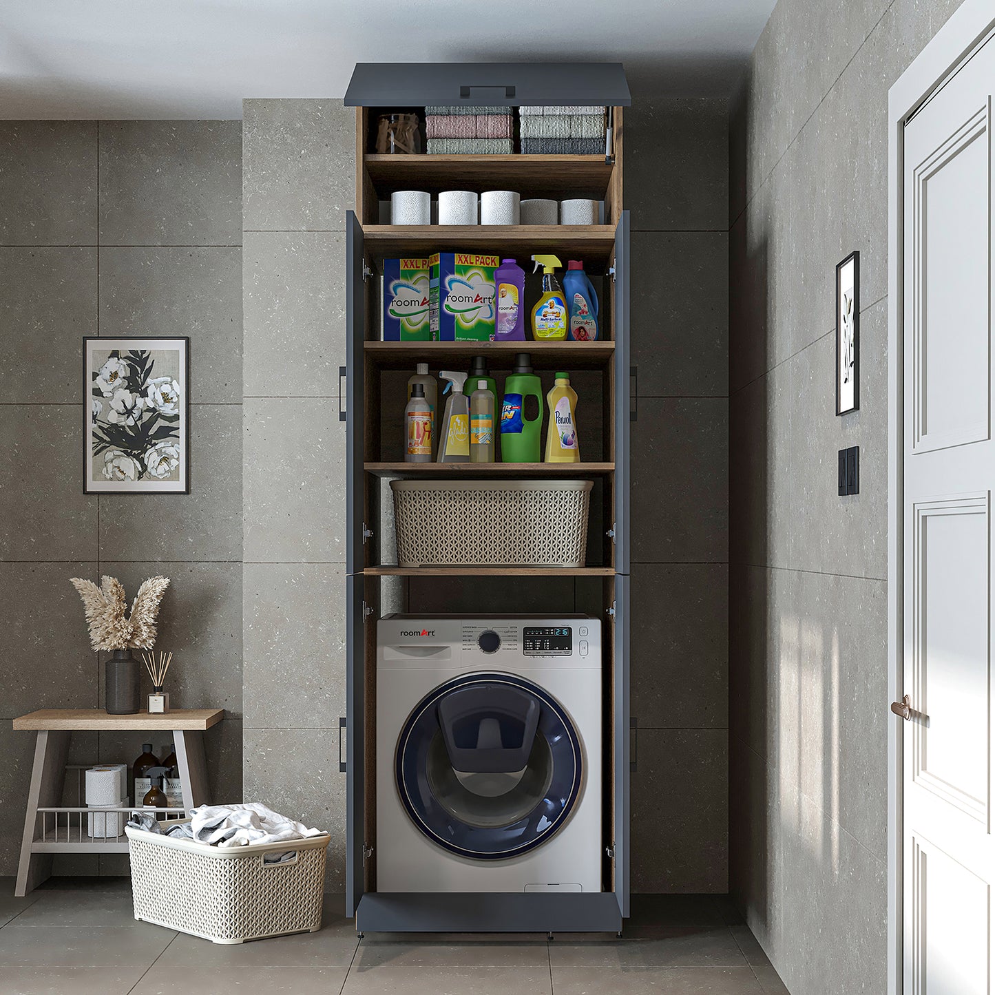 Roomart Waschmaschinenschrank „DORA“ für Waschmaschine & Trockner mit Regalböden, in 5 Farben • Weiß • Weiß Eiche • Anthrazit Eiche • Eiche • Schwarz-Eiche