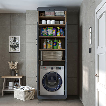 Roomart Waschmaschinenschrank „DORA“ für Waschmaschine & Trockner mit Regalböden, in 5 Farben • Weiß • Weiß Eiche • Anthrazit Eiche • Eiche • Schwarz-Eiche