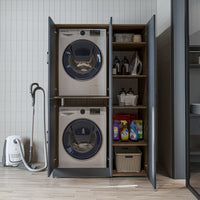 Roomart Waschmaschinenschrank „DORA 115 cm Breit“ für Waschmaschine & Trockner mit Regalböden, in 5 Farben • Weiß • Weiß Eiche • Anthrazit Eiche • Eiche • Schwarz Eiche