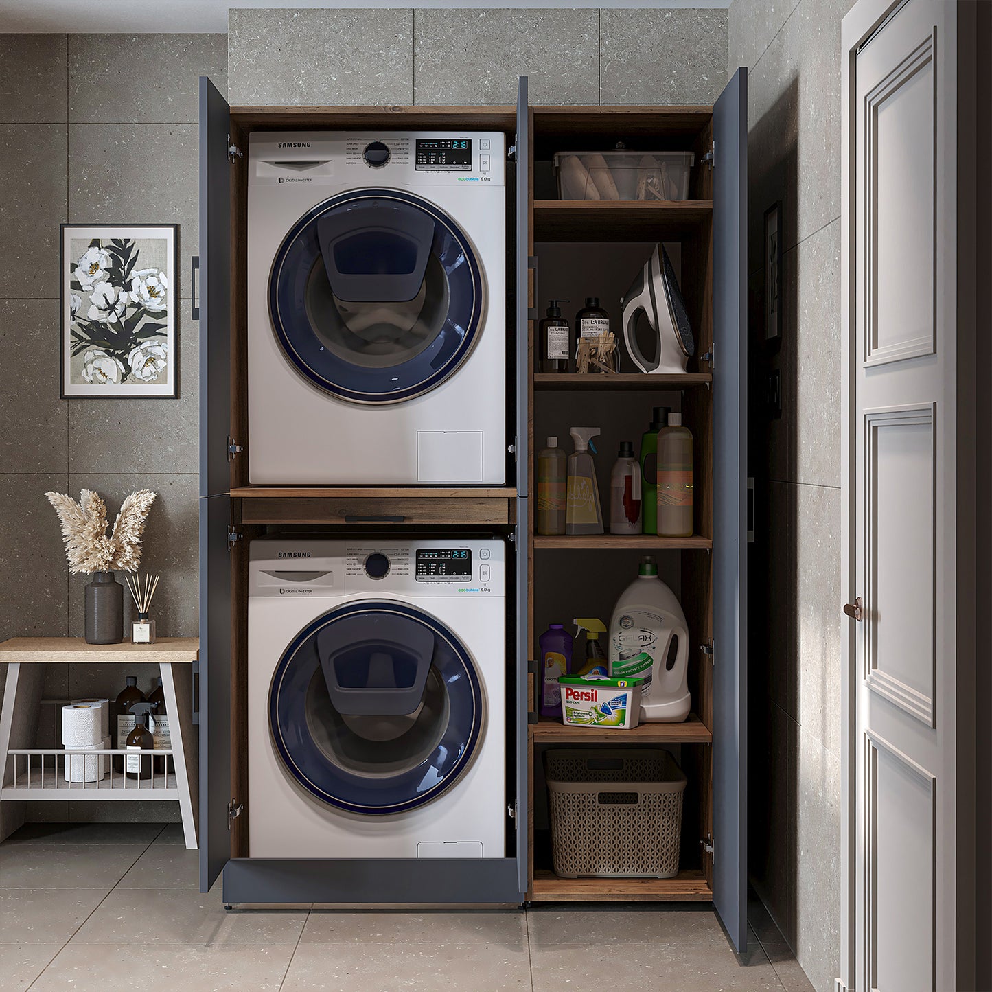Roomart Waschmaschinenschrank " DORA SET" für Trockner & Waschmaschine, 115 cm breit, in 4 Farben, mit Türen & Ausziehbrett • Weiß • Weiß Eiche • Anthrazit Eiche • Eiche