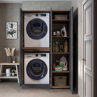 Roomart washing machine cabinet " DORA SET" for dryer & washing machine, 115 cm wide, in 4 colors, with doors & pull-out shelf - white - white oak - anthracite oak - oak