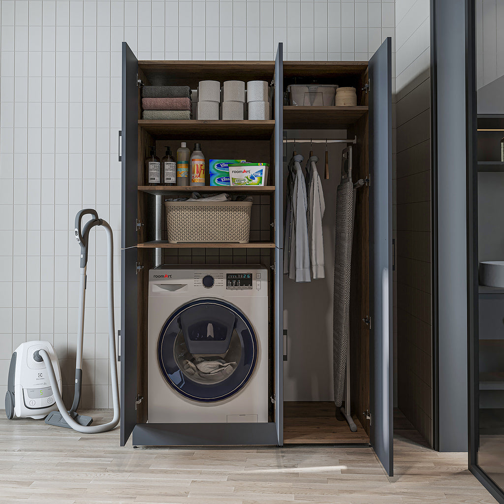 Roomart Waschmaschinenschrank „DORA 115 cm Breit“ für Waschmaschine & Trockner mit Regalböden, in 5 Farben • Weiß • Weiß Eiche • Anthrazit Eiche • Eiche • Schwarz Eiche