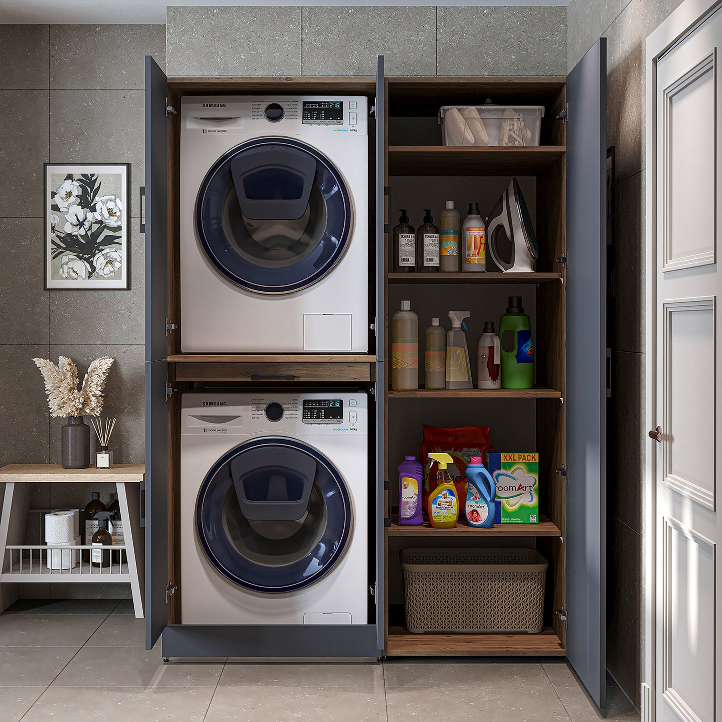 Roomart Waschmaschinenschrank " DORA SET" für Trockner & Waschmaschine, 130 cm breit,  in 4 Farben, mit Türen & Ausziehbrett • Weiß • Weiß Eiche • Anthrazit Eiche • Eiche