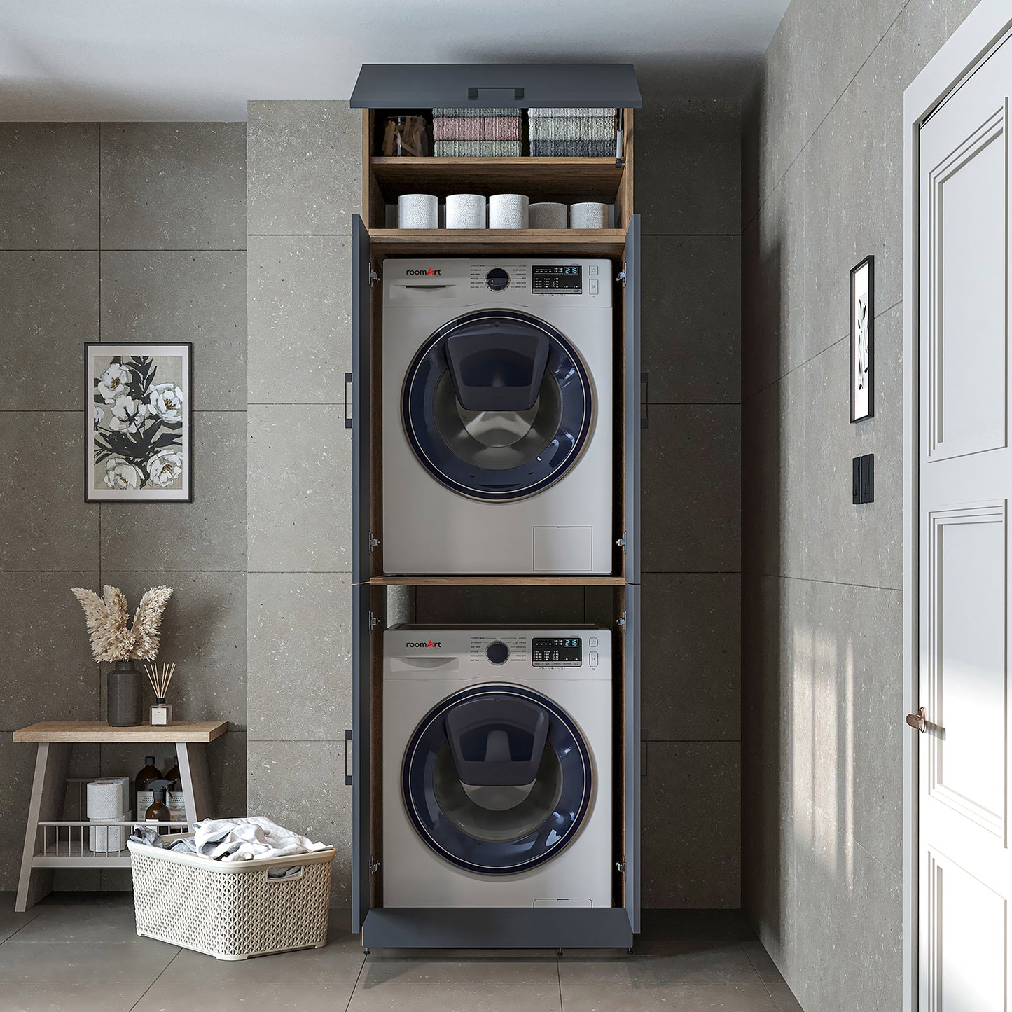 Roomart Waschmaschinenschrank „DORA“ für Waschmaschine & Trockner mit Regalböden, in 5 Farben • Weiß • Weiß Eiche • Anthrazit Eiche • Eiche • Schwarz-Eiche