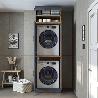 Roomart Waschmaschinenschrank „DORA“ für Waschmaschine & Trockner mit Regalböden, in 5 Farben • Weiß • Weiß Eiche • Anthrazit Eiche • Eiche • Schwarz-Eiche