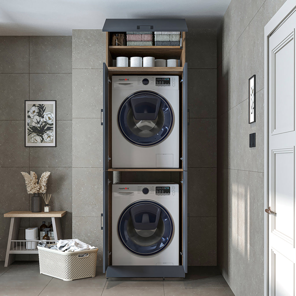 Roomart Waschmaschinenschrank „DORA“ für Waschmaschine & Trockner mit Regalböden, in 5 Farben • Weiß • Weiß Eiche • Anthrazit Eiche • Eiche • Schwarz-Eiche