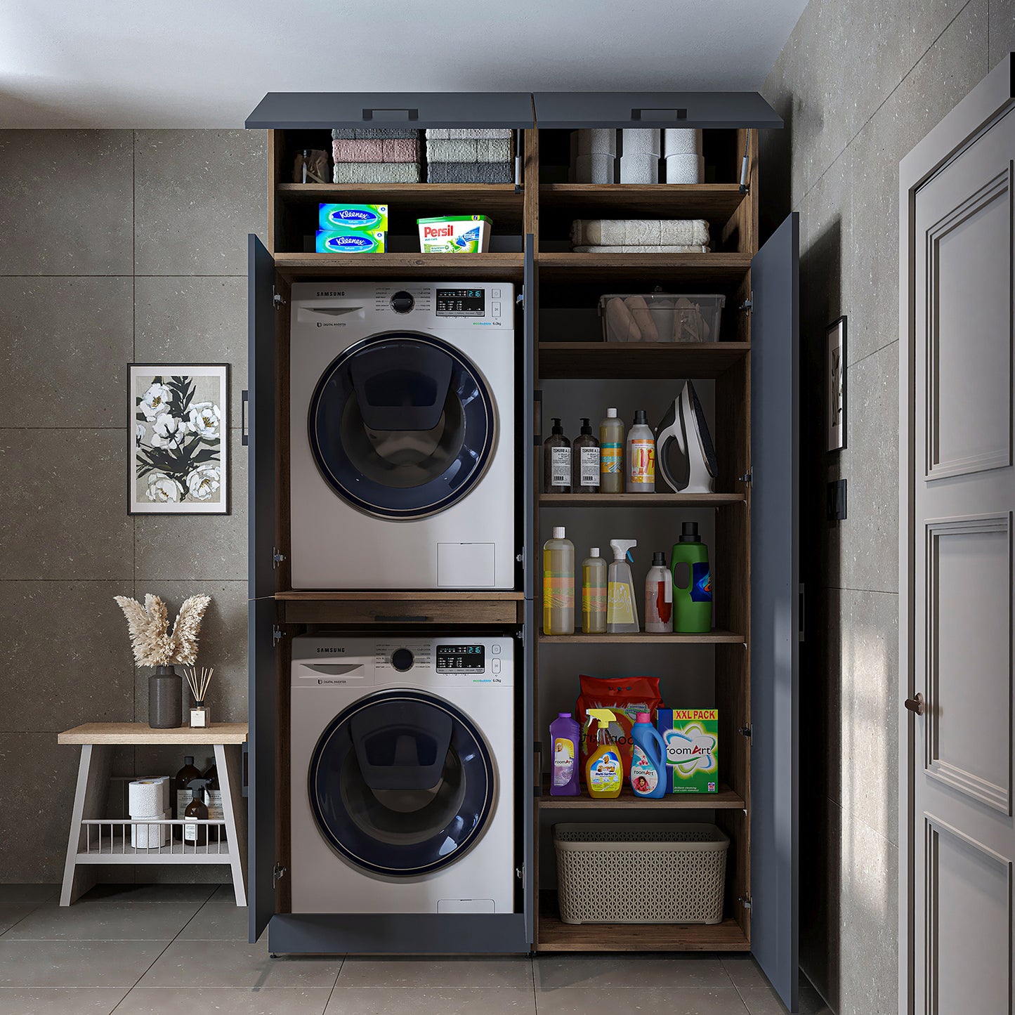 Roomart Waschmaschinenschrank " DORA SET" für Trockner & Waschmaschine, 130 cm breit,  in 4 Farben, mit Türen & Ausziehbrett • Weiß • Weiß Eiche • Anthrazit Eiche • Eiche