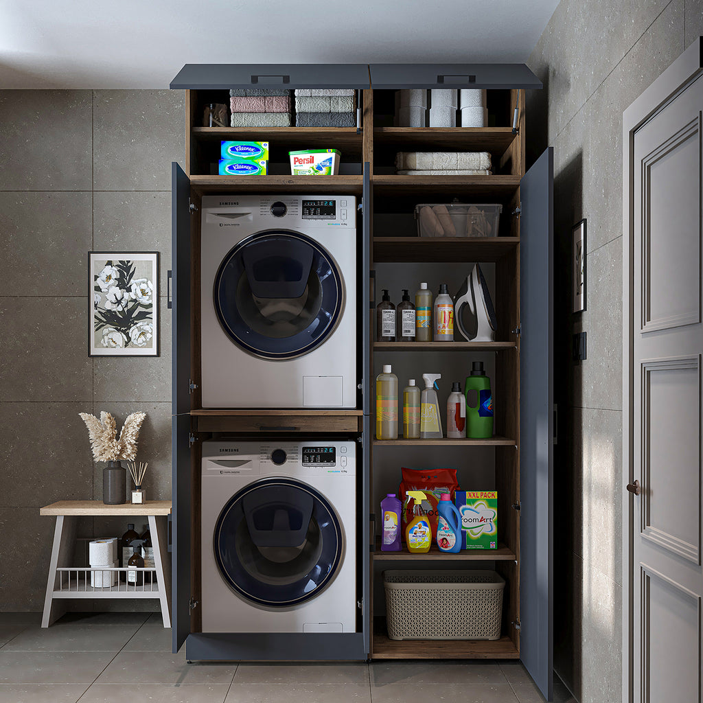 Roomart washing machine cabinet " DORA SET" for dryer & washing machine, 130 cm wide, in 4 colors, with doors & pull-out shelf - white - white oak - anthracite oak - oak