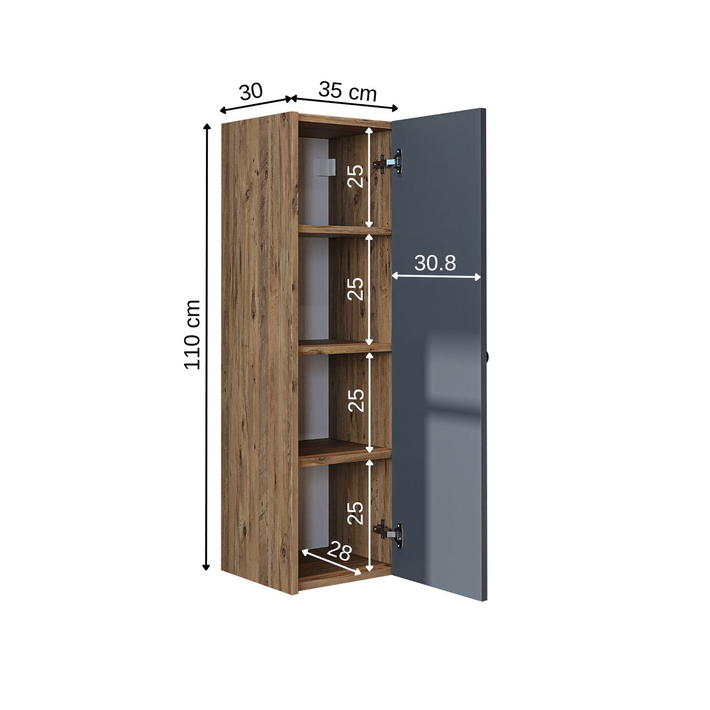 Roomart Bad-Seitenschrank ADA 110 cm – Moderner Bad-Hängeschrank mit Soft-Close – Viel Stauraum – Badezimmer Hochschrank – Weiß, Eiche, Anthrazit oder Schwarz
