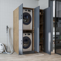 Roomart Waschmaschinenschrank „DORA 115 cm Breit“ für Waschmaschine & Trockner mit Regalböden, in 5 Farben • Weiß • Weiß Eiche • Anthrazit Eiche • Eiche • Schwarz Eiche