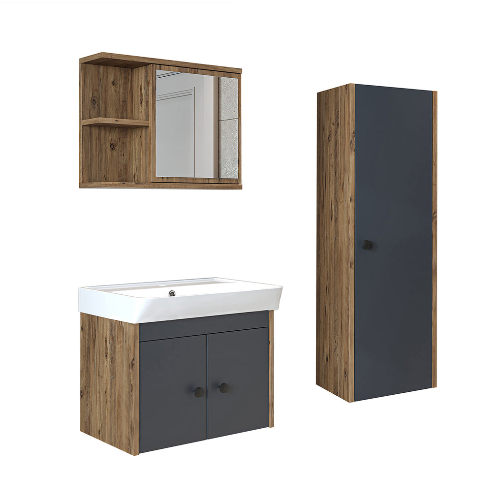 Roomart Badmöbelset ADA – 3-teiliges Badezimmermöbel Set mit Waschbecken, Unterschrank, Spiegelschrank & Seitenschrank – modernes Badmöbel