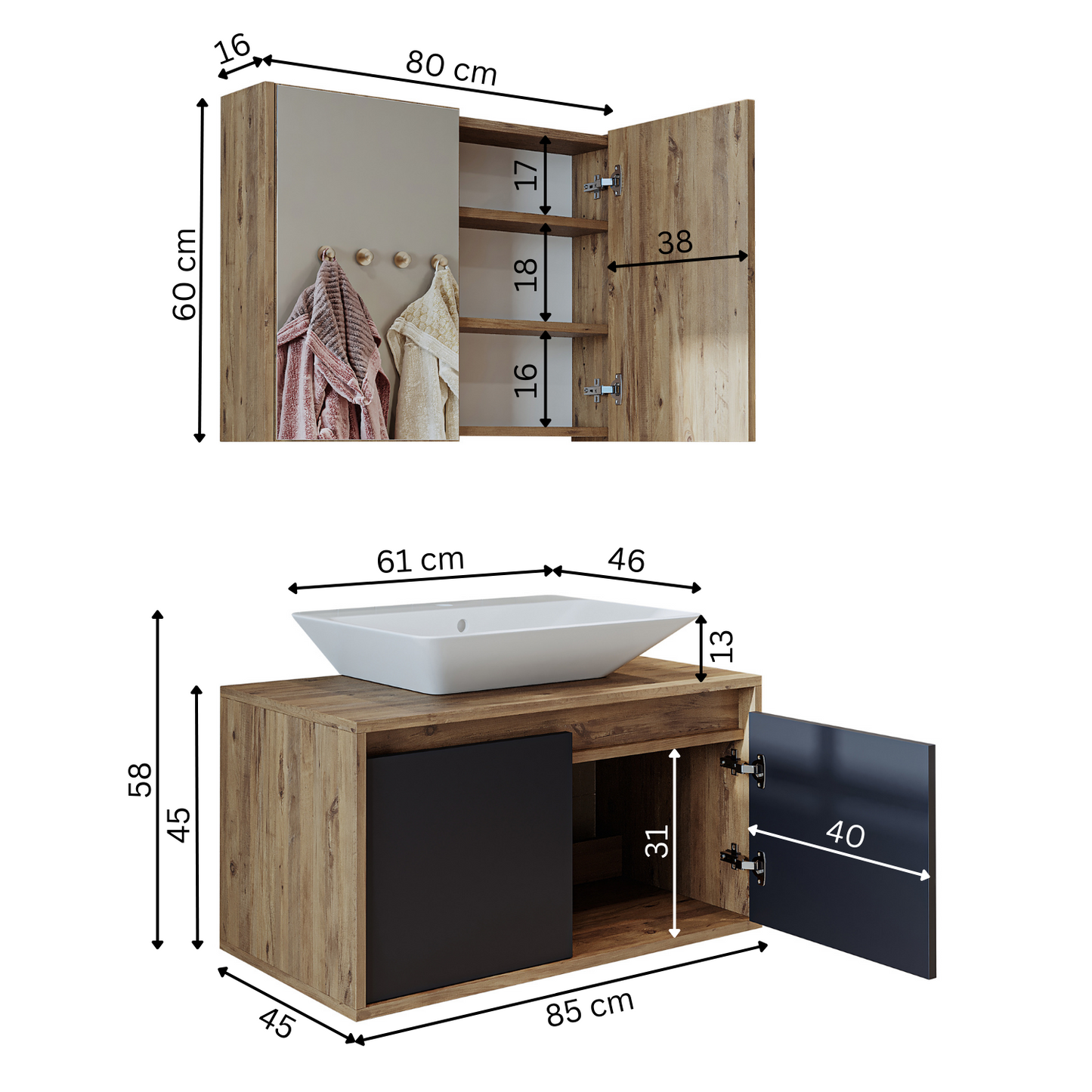Roomart • Badmöbel Set • ATLANTIC • 3 Teilig • 85 cm Unterschrank mit Keramikwaschbecken   • Spiegelschrank