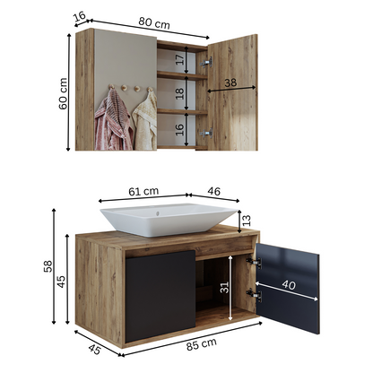 Roomart • Badmöbel Set • ATLANTIC • 3 Teilig • 85 cm Unterschrank mit Keramikwaschbecken   • Spiegelschrank