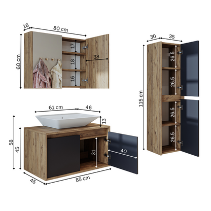Roomart Badmöbel Set ATLANTIC 4-teilig 85 cm in 5 Farben Unterschrank mit Keramikwaschbecken   • Spiegelschrank  • Hochschrank