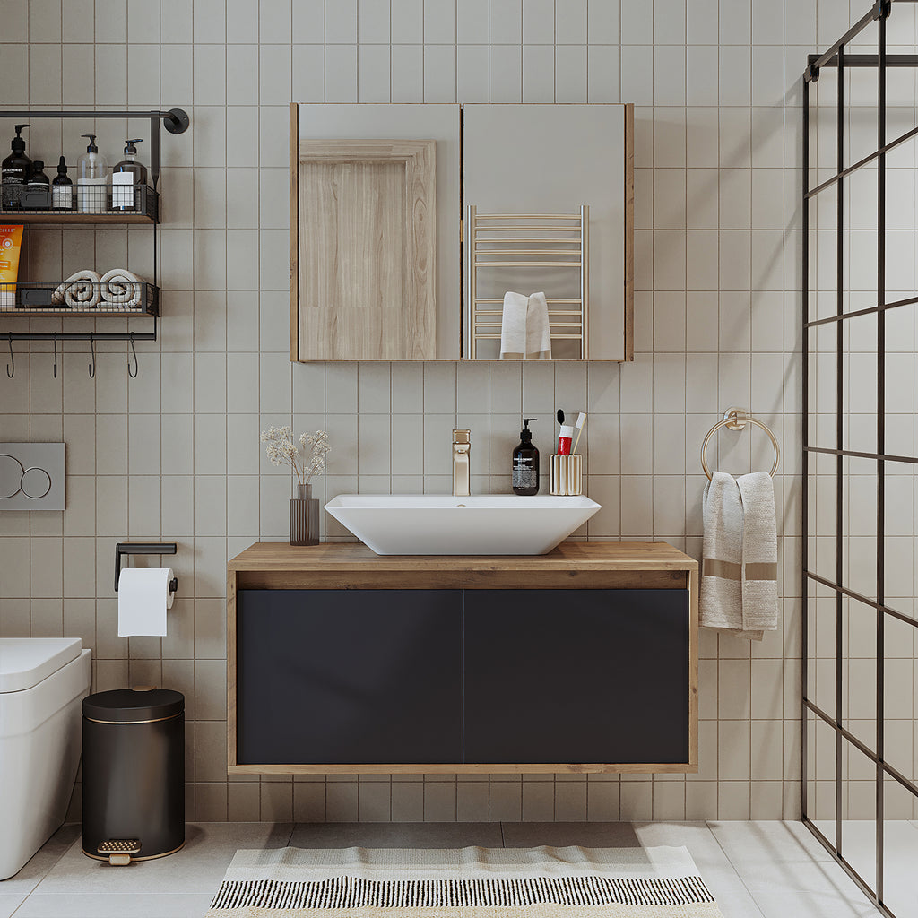 Roomart • Badmöbel Set • ATLANTIC • 3 Teilig • 100 cm Unterschrank mit Keramikwaschbecken • 80 cm Spiegelschrank- badezimmerschrank, waschbecken, badezimmermöbel, badschrank, badezimmer, mit, unterschrank, badmöbel, set, waschtisch, möbel, badezimmermãbel