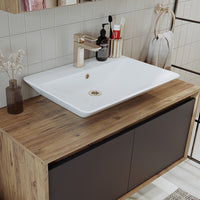 Roomart • Badmöbel Set • ATLANTIC • 3 Teilig • 100 cm Unterschrank mit Keramikwaschbecken • 80 cm Spiegelschrank- badezimmerschrank, waschbecken, badezimmermöbel, badschrank, badezimmer, mit, unterschrank, badmöbel, set, waschtisch, möbel, badezimmermãbel