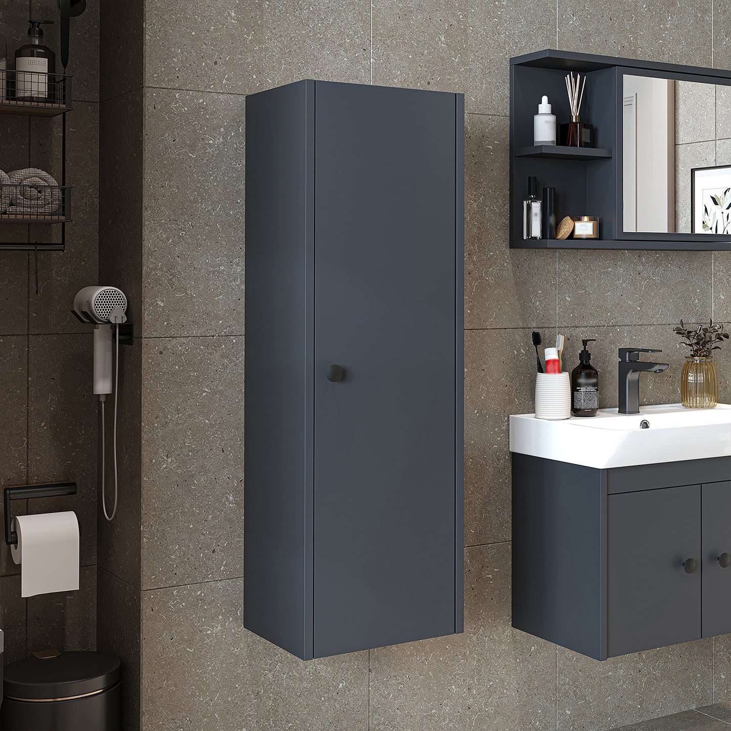 Roomart Bad-Seitenschrank ADA 110 cm – Moderner Bad-Hängeschrank mit Soft-Close – Viel Stauraum – Badezimmer Hochschrank – Weiß, Eiche, Anthrazit oder Schwarz