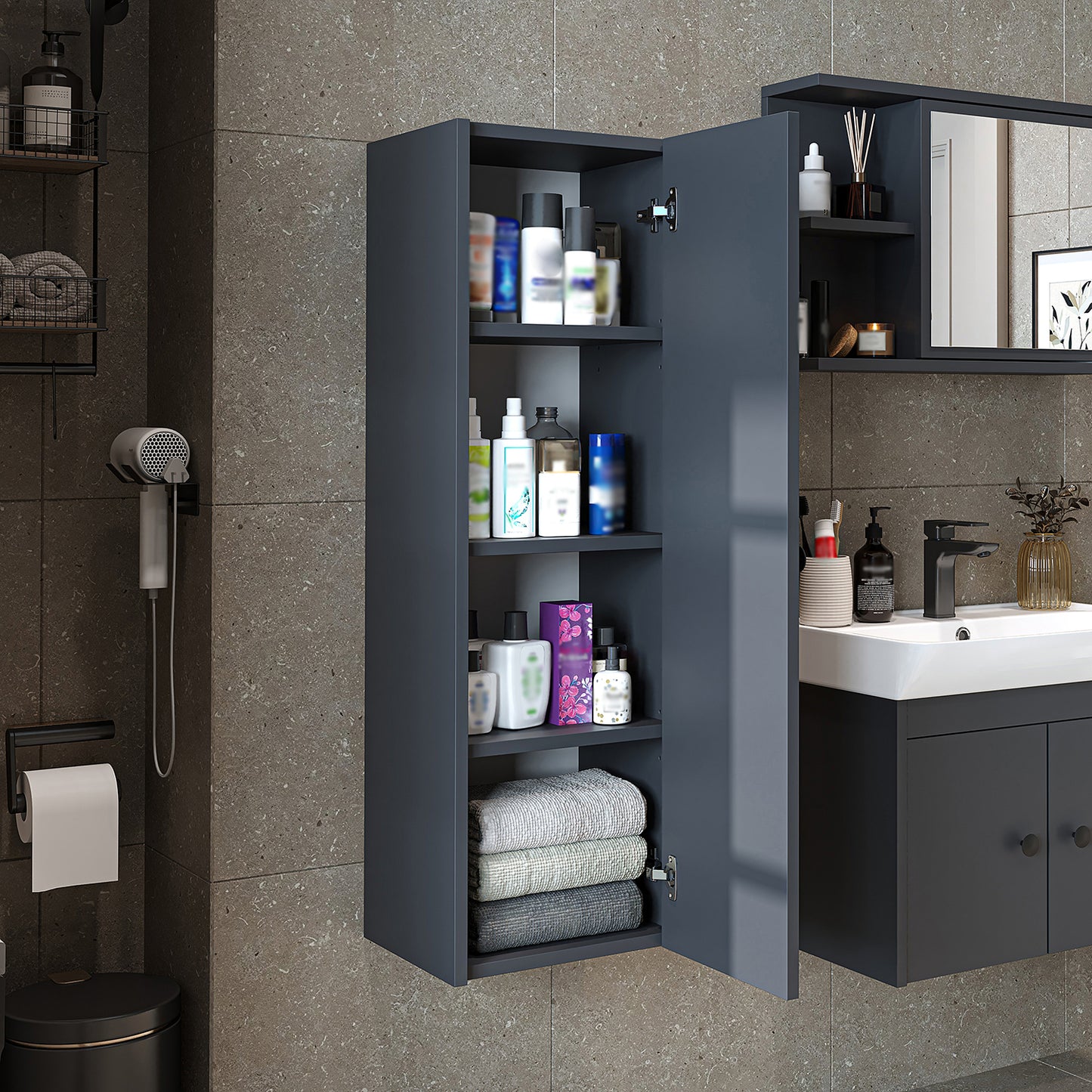 Roomart Badmöbelset ADA – 3-teiliges Badezimmermöbel Set mit Waschbecken, Unterschrank, Spiegelschrank & Seitenschrank – modernes Badmöbel