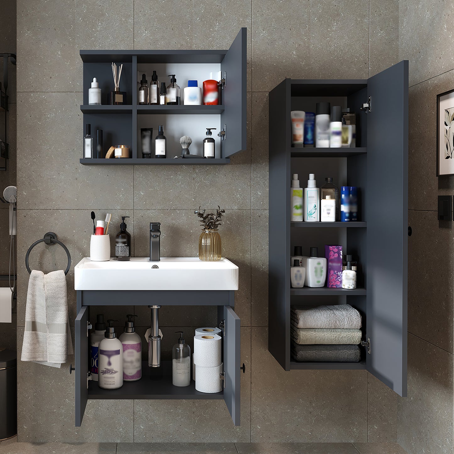 Roomart Badmöbelset ADA – 3-teiliges Badezimmermöbel Set mit Waschbecken, Unterschrank, Spiegelschrank & Seitenschrank – modernes Badmöbel