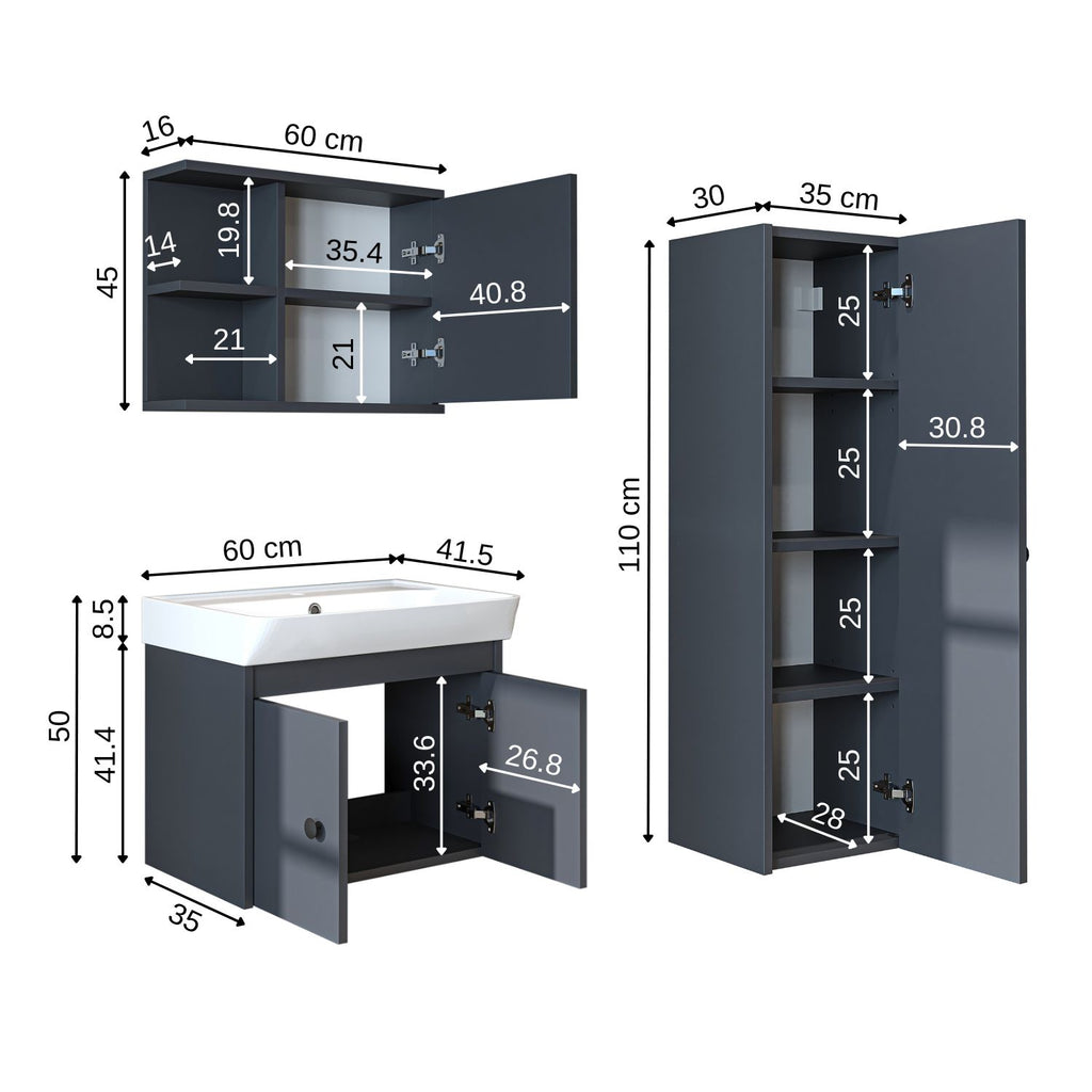 Roomart Badmöbelset ADA – 3-teiliges Badezimmermöbel Set mit Waschbecken, Unterschrank, Spiegelschrank & Seitenschrank – modernes Badmöbel