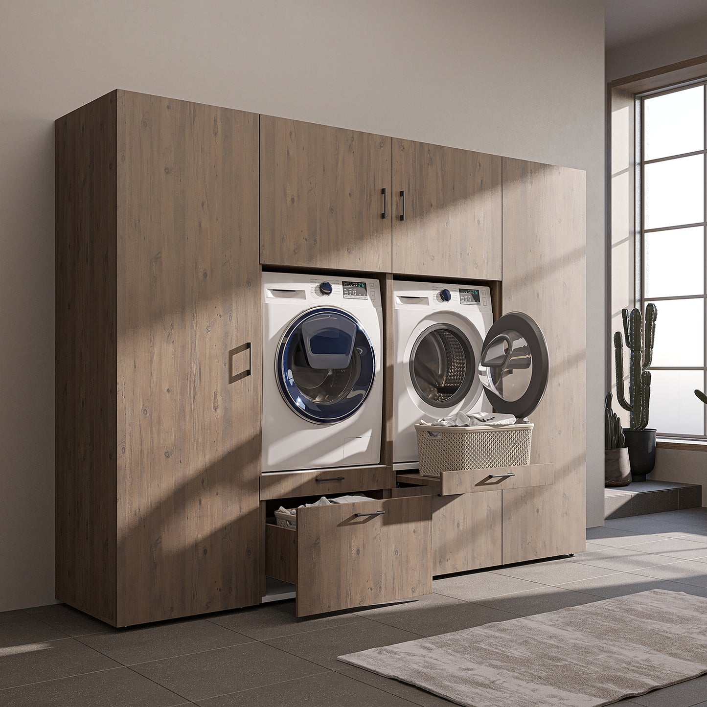 Roomart Waschmaschinenschrank SERIE-III Schrankwand 254 cm – 2 Geräte, Soft-Close | 3 Farben