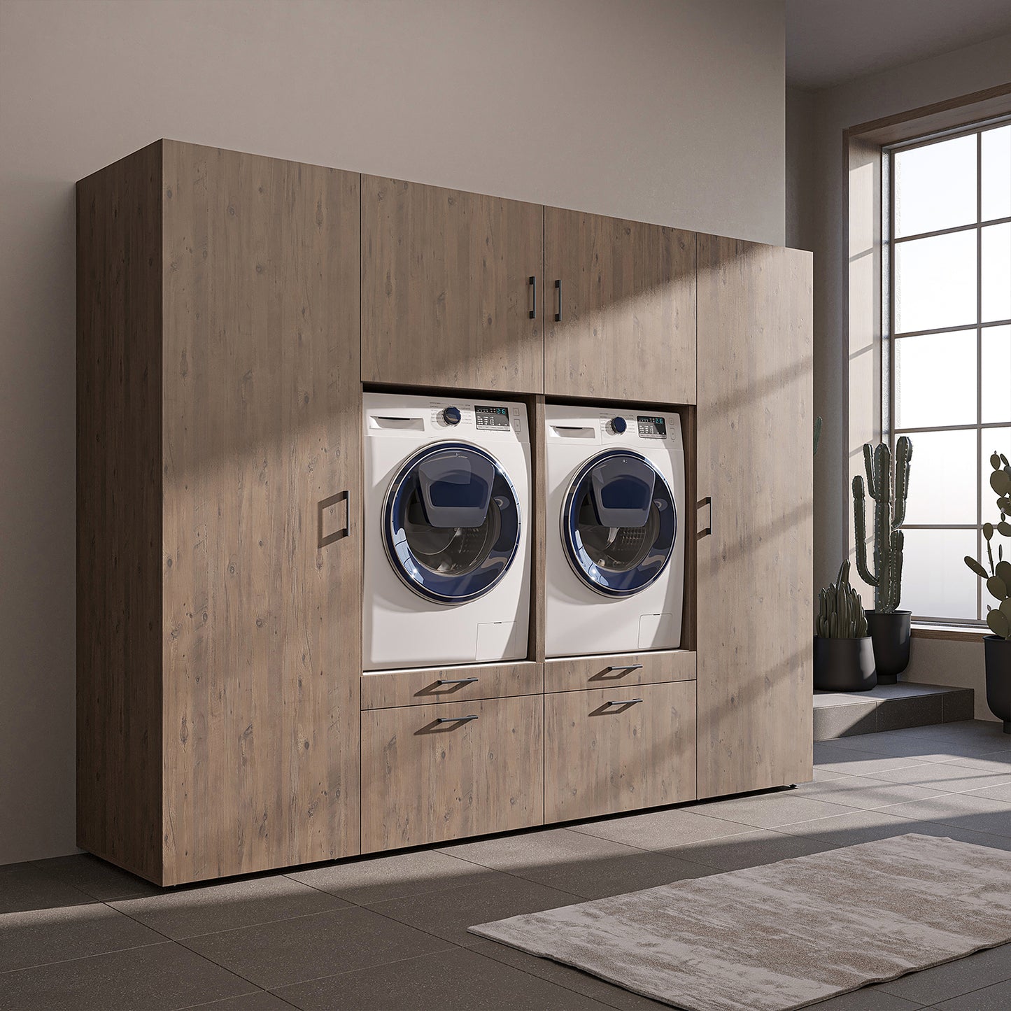 Roomart Waschmaschinenschrank SERIE-III Schrankwand 254 cm – 2 Geräte, Soft-Close | 3 Farben