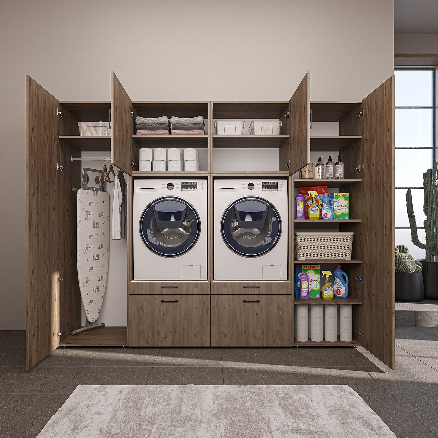 Roomart Waschmaschinenschrank SERIE-III Schrankwand 254 cm – 2 Geräte, Soft-Close | 3 Farben