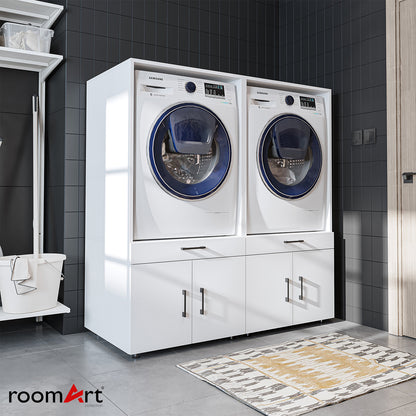 Roomart Waschmaschinenschrank - SERIE 3 –  134 cm breit, Doppelschrank Überbauschrank, mit Ausziehbrett, Waschturm für Waschmaschine & Trockner, in 3 Farben