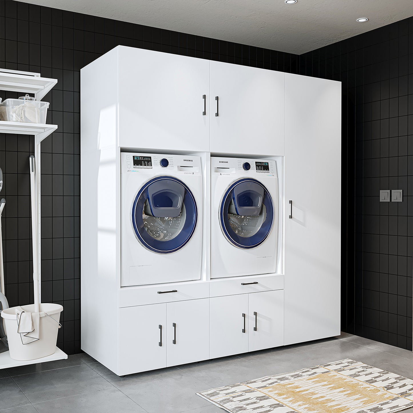 Roomart Überbauschrak für Waschküche & Hauswirtschaftsraum, (SERIE 3), 194 cm breit, in 3 Farben, Mit Schubladen und Ausziehbrett