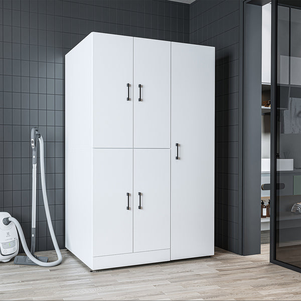 Roomart Waschmaschinenschrank - SERIE DORA-II- 115 cm breit – Waschturm für Waschmaschine & Trockner mit Regalböden – Überbauschrank für Waschküche & Hauswirtschaftsraum – in 5 Farben (Weiß, Weiß-Eiche, Anthrazit-Eiche, Eiche, Schwarz-Eiche)