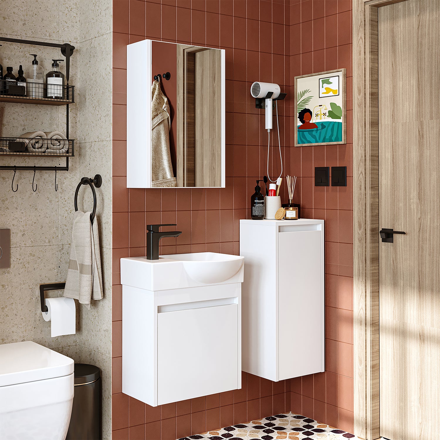 waschbecken, badezimmermöbel set, waschtisch mit unterschrank, badezimmer möbel, hochschrank, schrank, beleuchtung, badmöbel, waschbeckenunterschrank, spiegelschrank, spiegel, breit, bad, gäste, hängend, badezimmerschrank, weiß, furniture