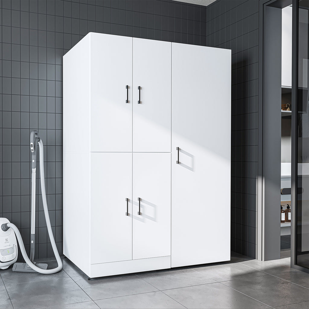 Roomart Waschmaschinenschrank „DORA 130 cm Breit“ für Waschmaschine & Trockner mit Regalböden, in 5 Farben • Weiß • Weiß Eiche • Anthrazit Eiche • Eiche • Schwarz Eiche (Kopie)